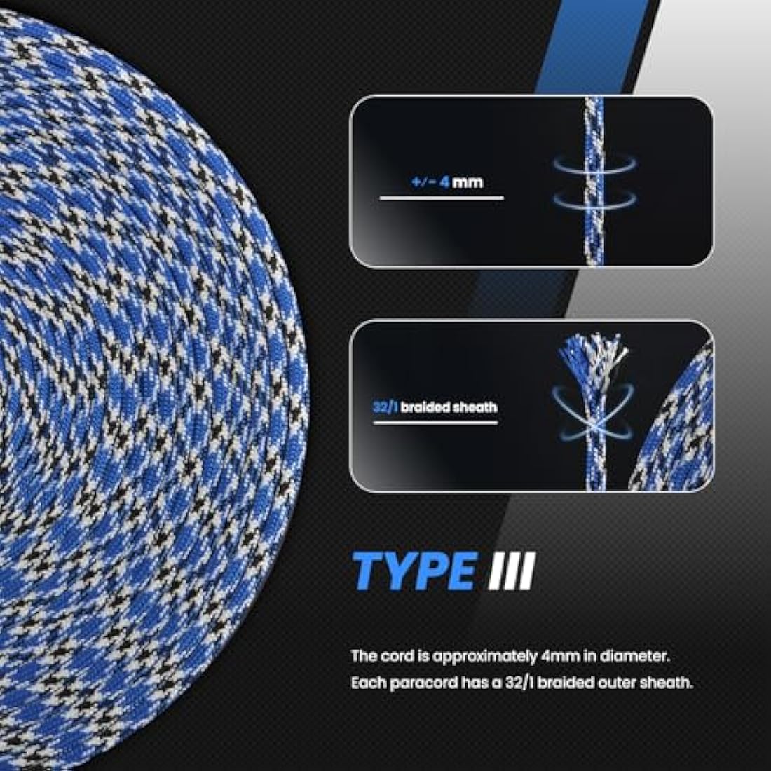 Abma Cord 4mm Type III Nylon Paracord - 100m 9-Strand Rope, Blue Snake
