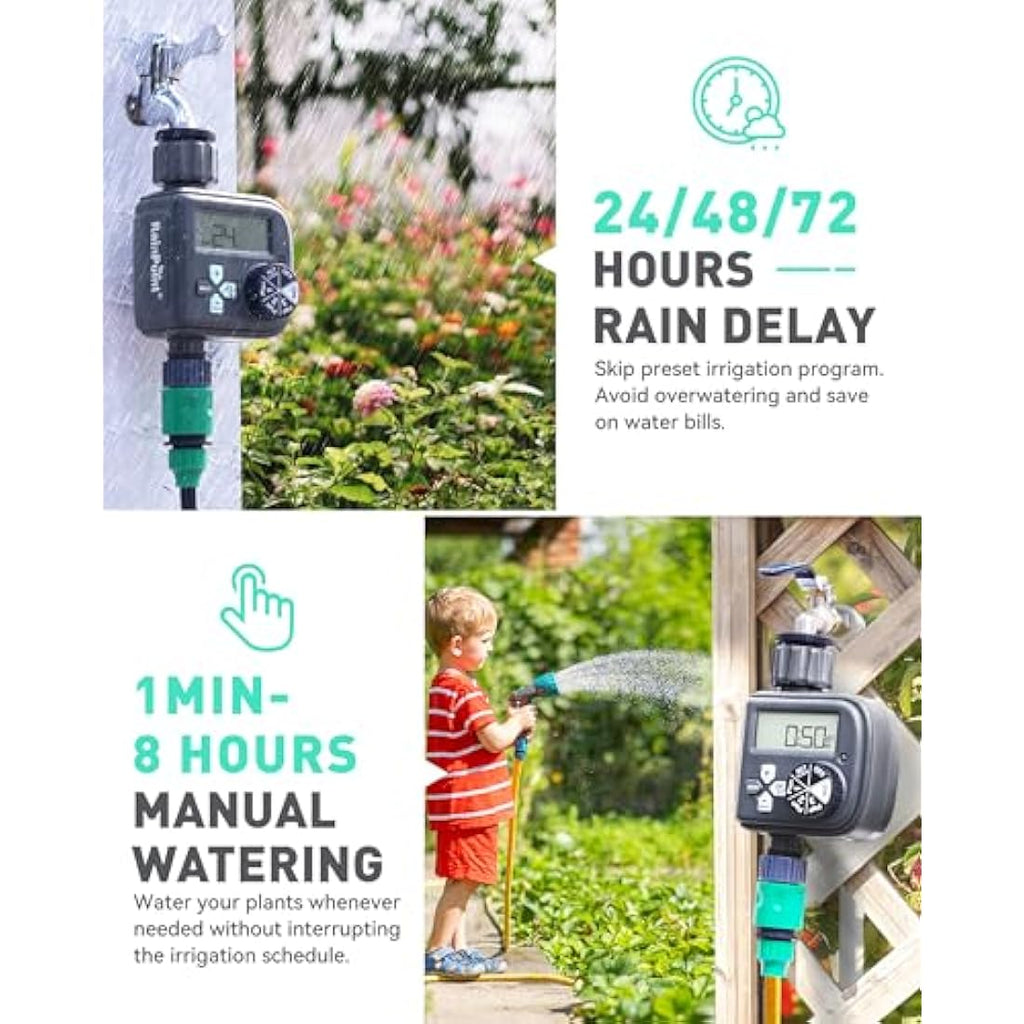 RAINPOINT Irrigation Timer | 3 Independent Programs & Rain Delay – Mint Green