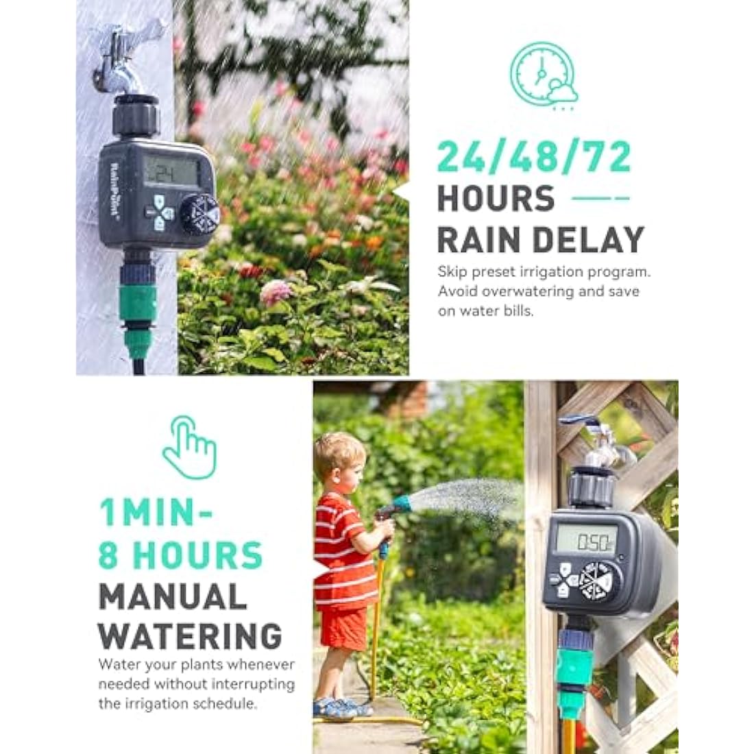 RAINPOINT Irrigation Timer | 3 Independent Programs & Rain Delay – Mint Green