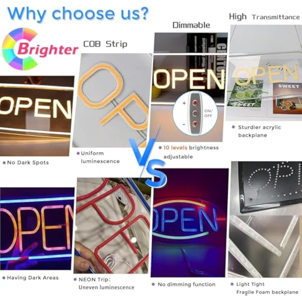 LED Neon Open Sign | 16x9 Dimmable USB Light for Business