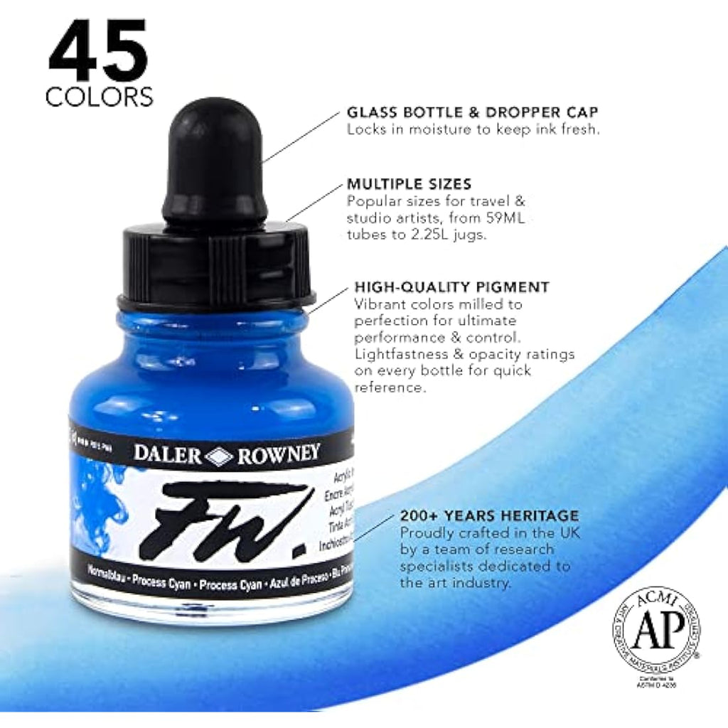 Daler-Rowney FW Neon Acrylic Ink Set | 6 Fluorescent Colors & Marker