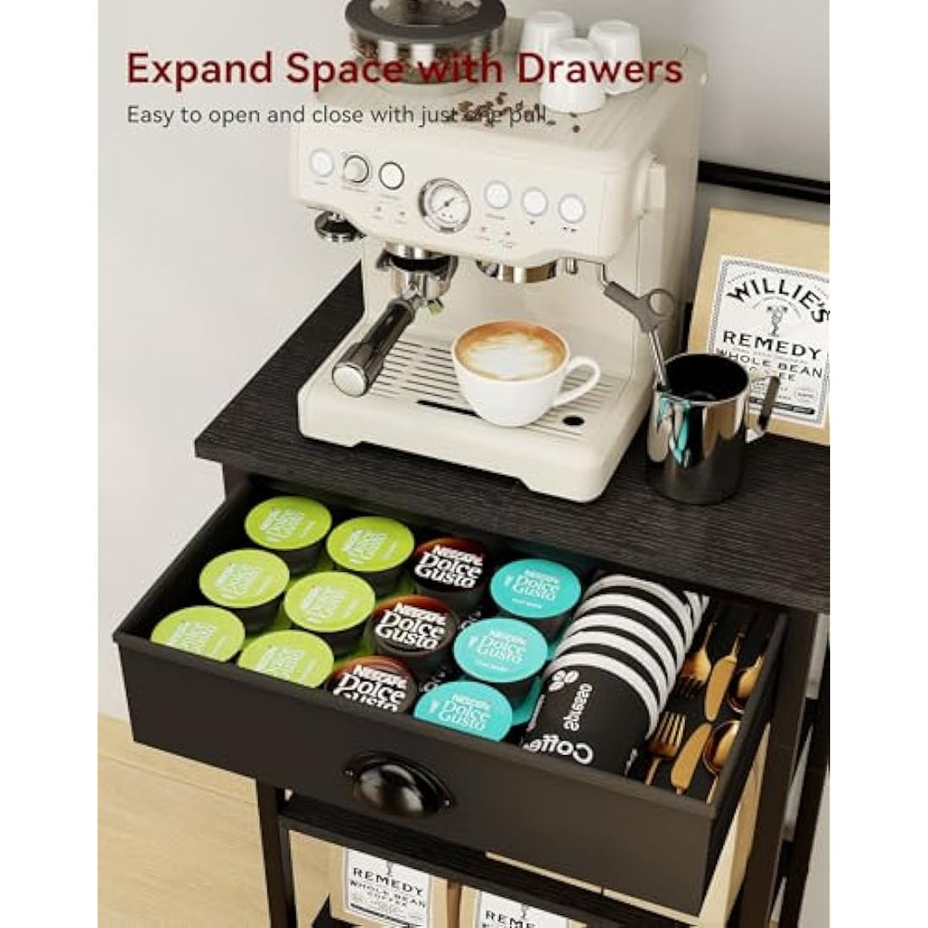 5-Tier Coffee Bar Station with Fabric Drawers – Black