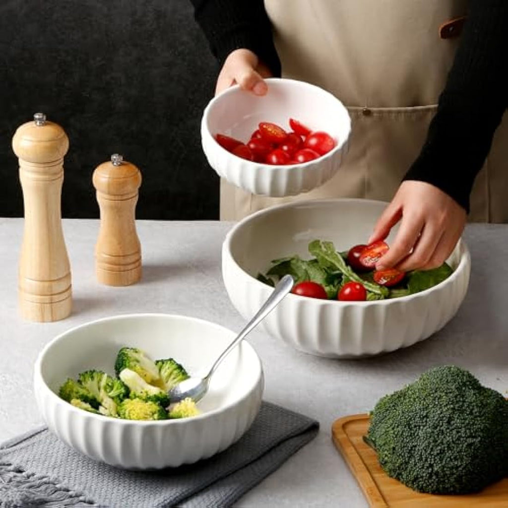 NUTRIUPS Porcelain Nesting Serving Bowls | Set of 3 Ribbed Stackable Bowls