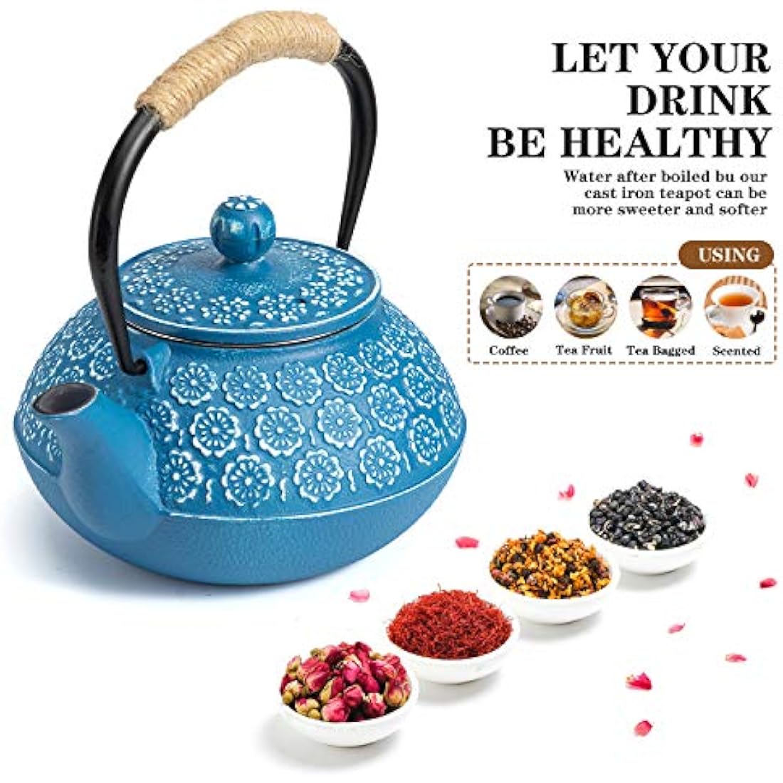 SUSTEAS Cast Iron Teapot – 900ml Japanese Tetsubin with Infuser, Dark Blue
