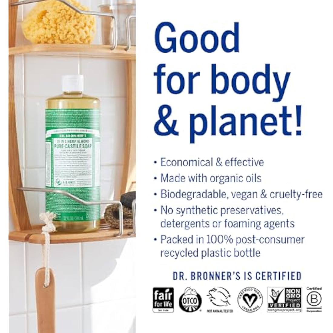Dr. Bronner's Almond Pure-Castile Liquid Soap – Organic & Vegan, 473ml
