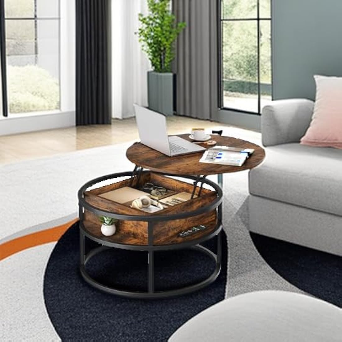 YITAHOME Round Lift Top Coffee Table with Hidden Storage – Brown Wood