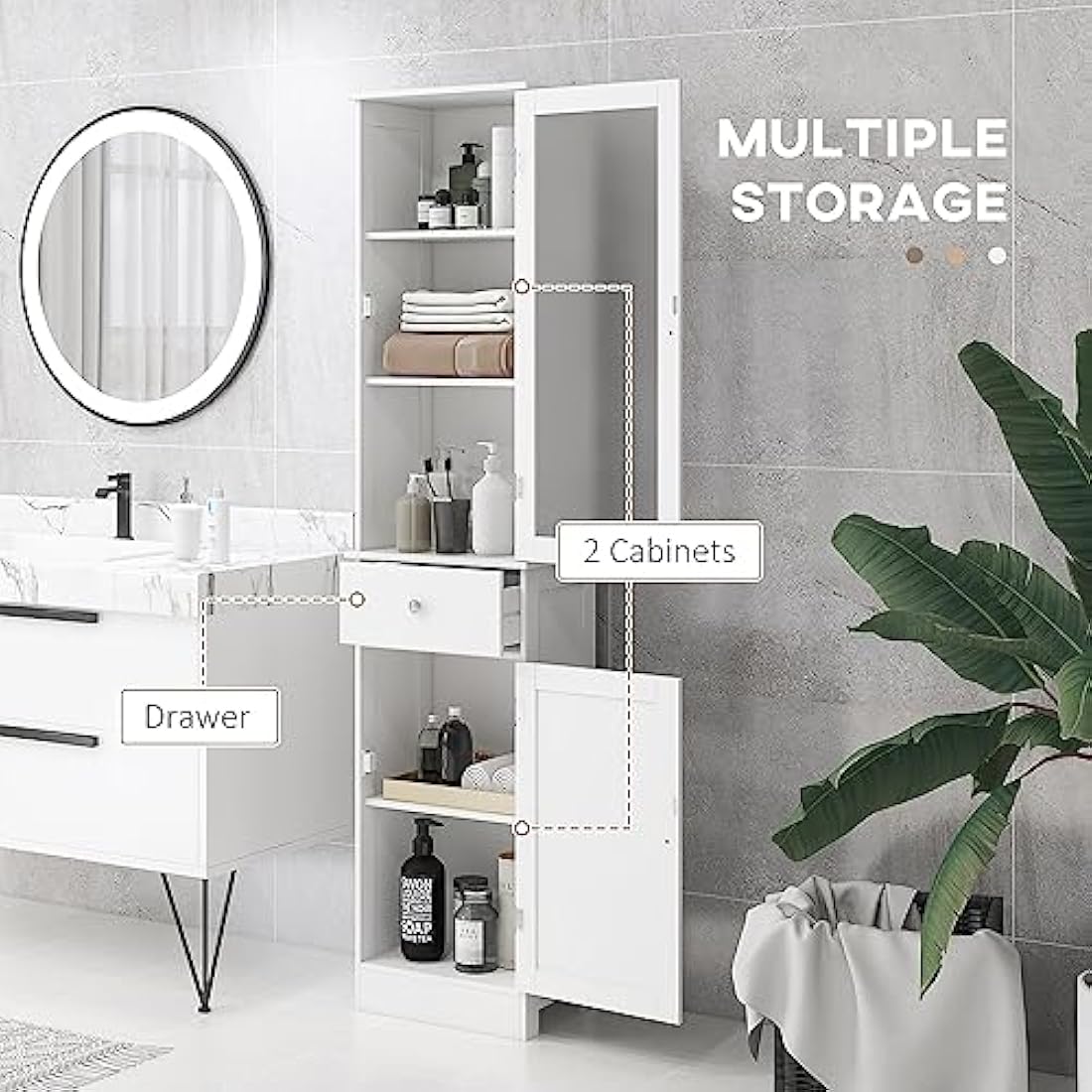 Slim Bathroom Storage Cabinet – Tall 3-Tier Shelf & Drawer