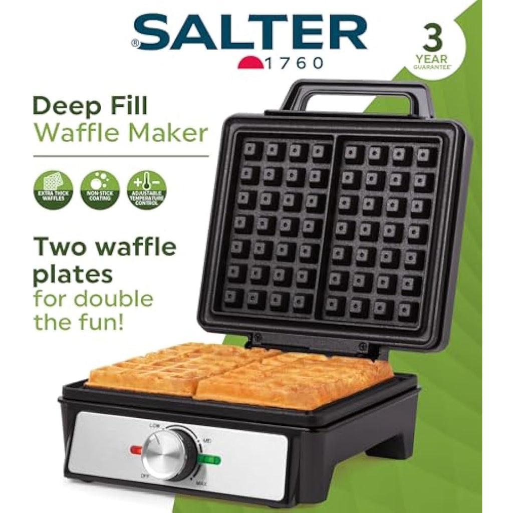 Salter 1600W Deep Fill Waffle Maker – Non-Stick Belgian & American Style
