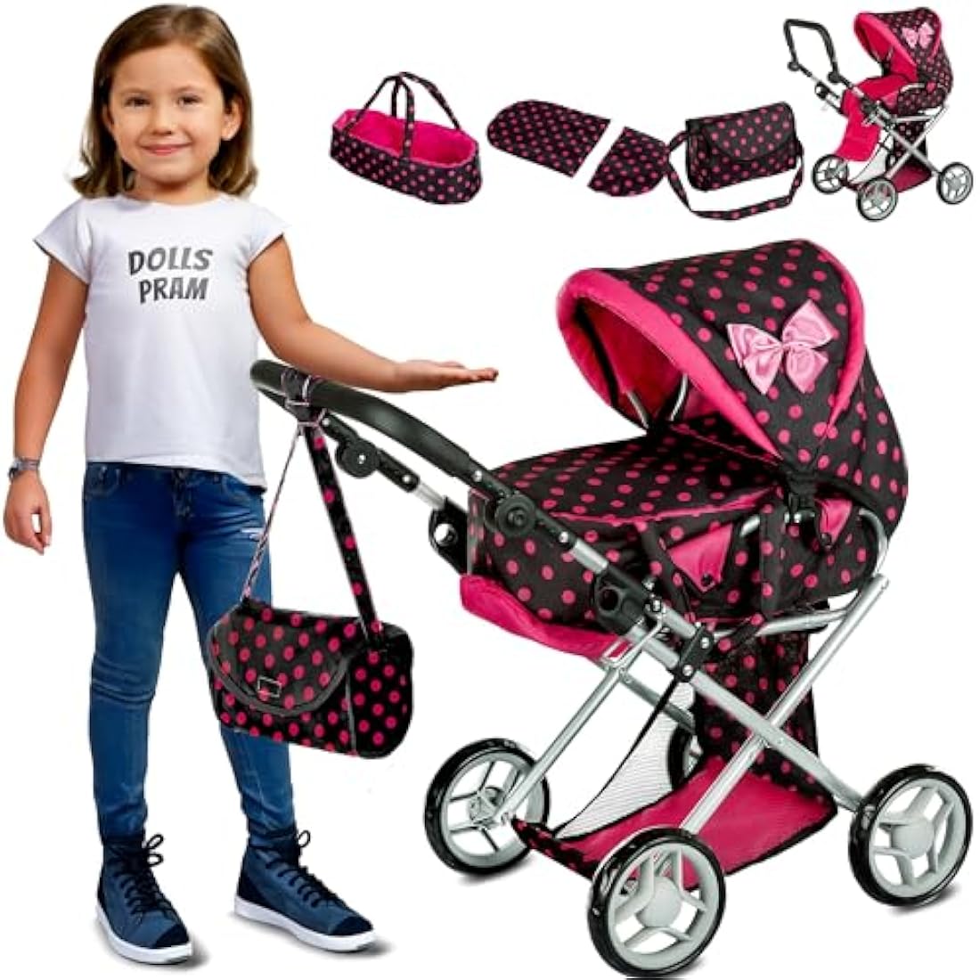 Kinderplay 3-in-1 Doll Pram – Adjustable Toy Stroller for Girls, KP0200G