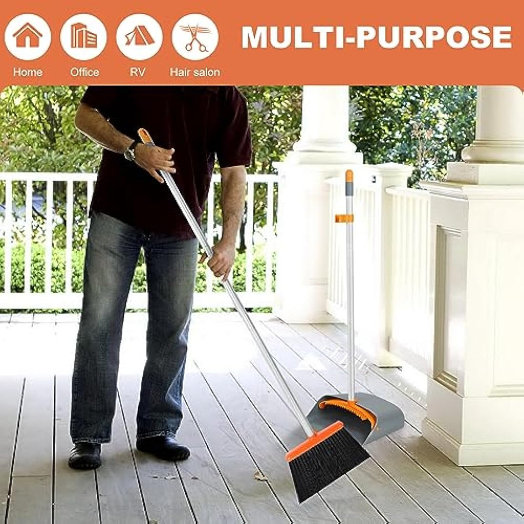 Long Handled Broom and Dustpan Set | 54" Upright Sweeping - Orange