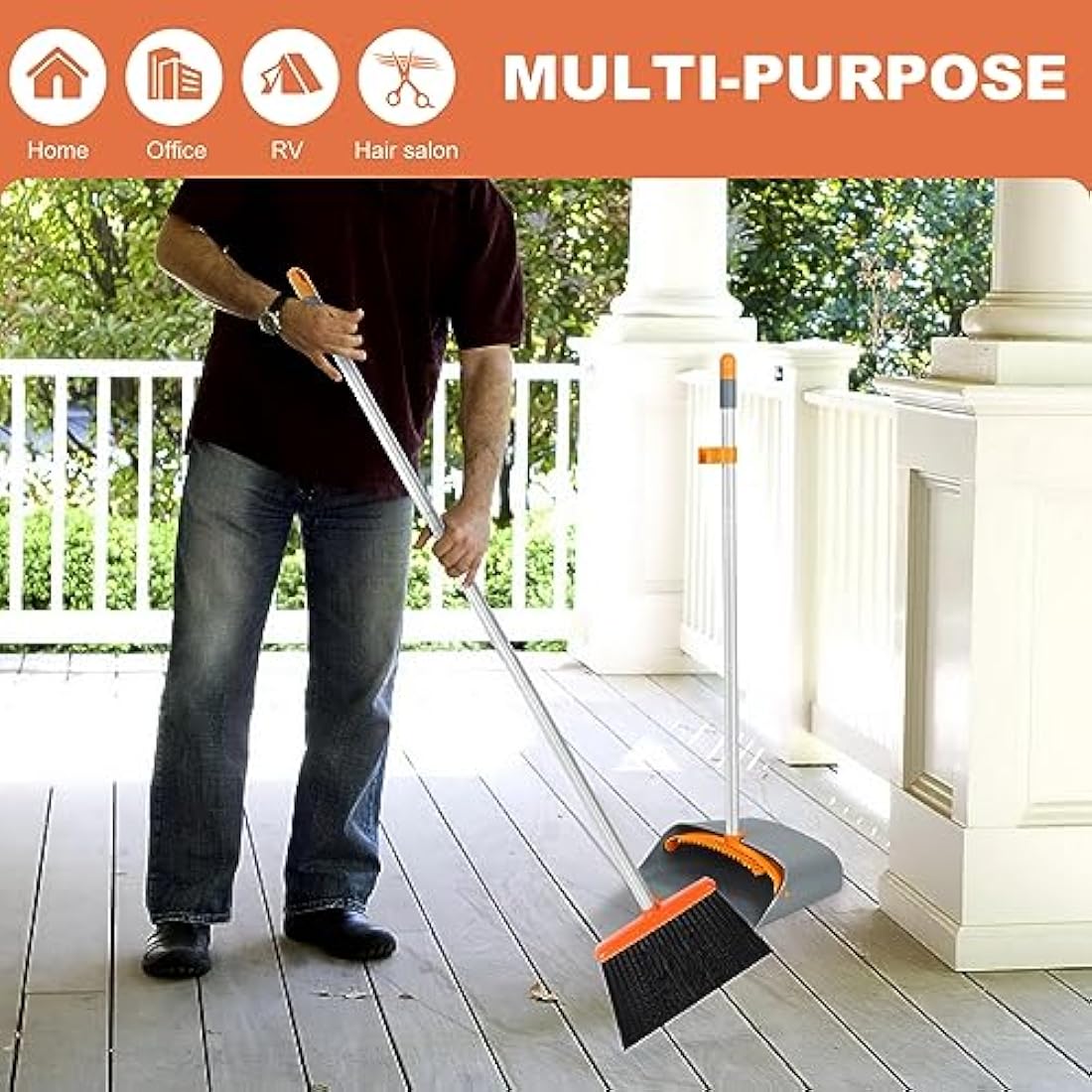 Long Handled Broom and Dustpan Set | 54" Upright Sweeping - Orange