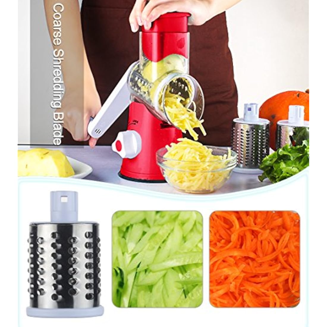 Ourokhome Rotary Cheese Grater - 3-Blade Vegetable Slicer & Chopper, Red