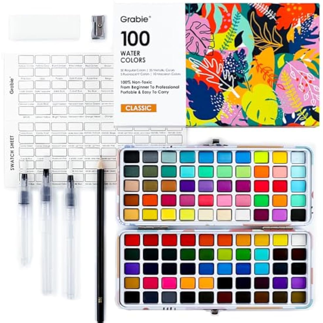Grabie 100 Color Watercolor Paint Set | Non-Toxic Travel Kit with Brushes