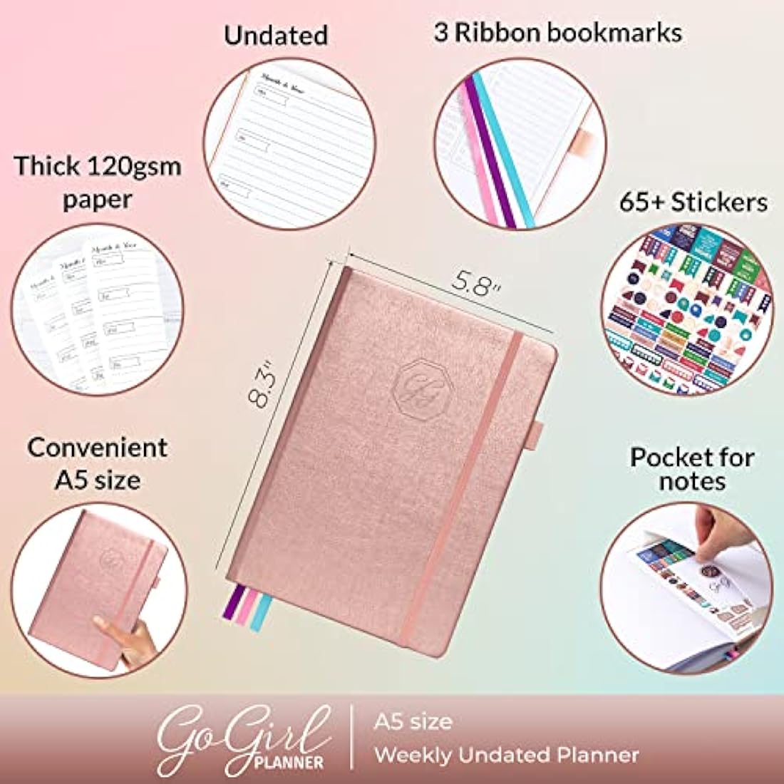 GoGirl Undated Weekly Planner – A5 Eco-Leather Goal Journal, Rose Gold