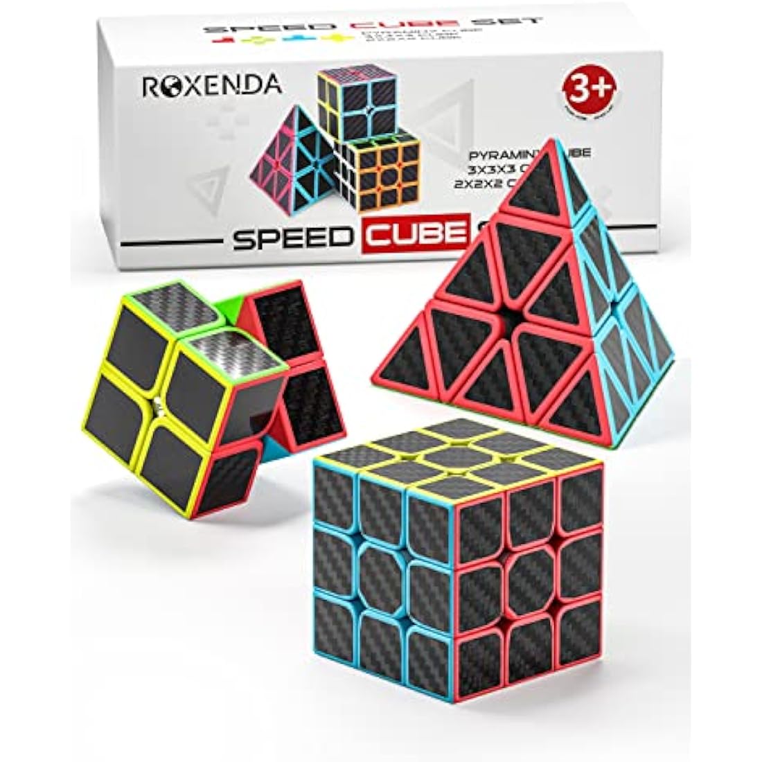 Roxenda Speed Cube Set | 2x2 3x3 Pyramid Carbon Fiber Puzzle Cubes