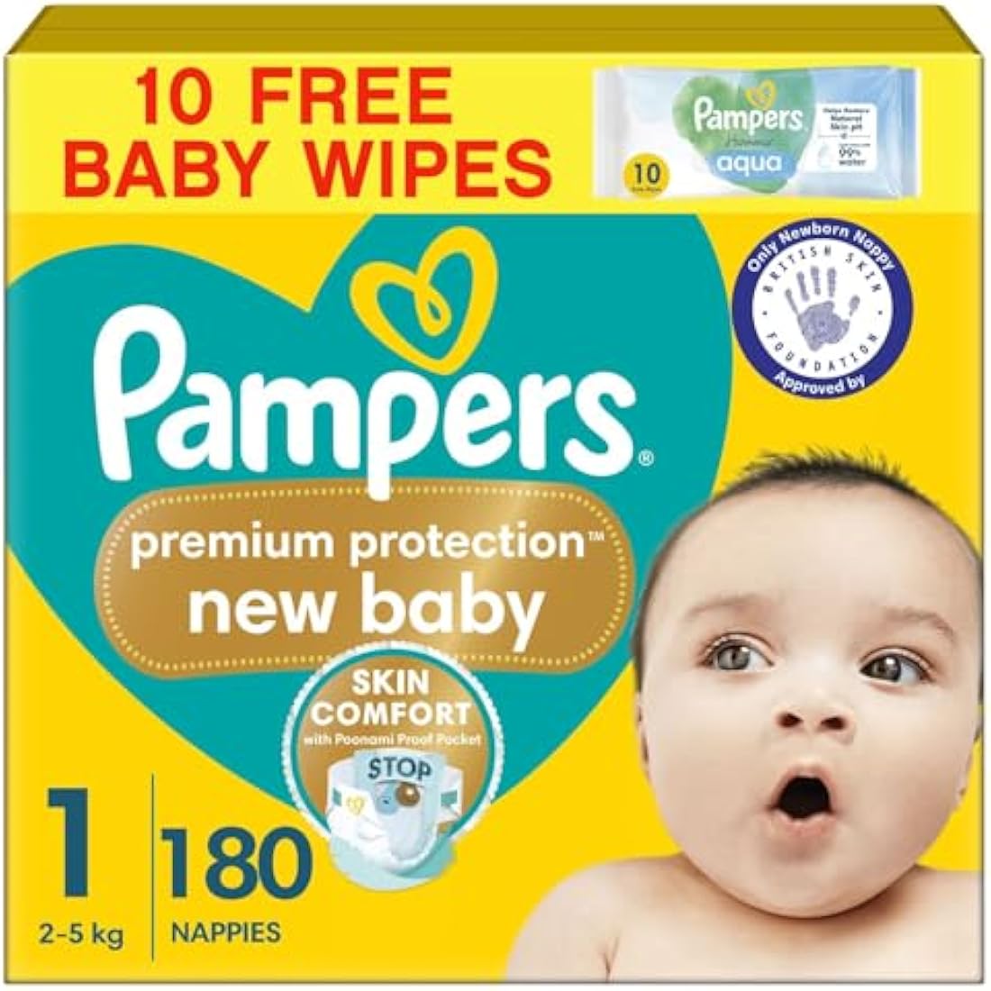 Pampers Premium Protection Size 1 Nappies (180 Pack) & Baby Wipes