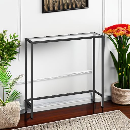 HOOBRO Slim Console Table | Tempered Glass & Metal Hallway Sofa Table