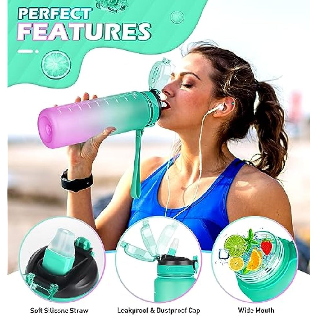 CodiCile 1L Water Bottle with Straw | Leak-proof Motivational Sports Bottle