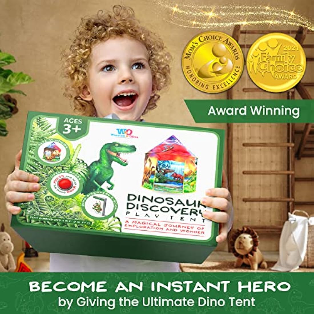 W&O Dinosaur Discovery Pop Up Play Tent with Roar Button for Kids