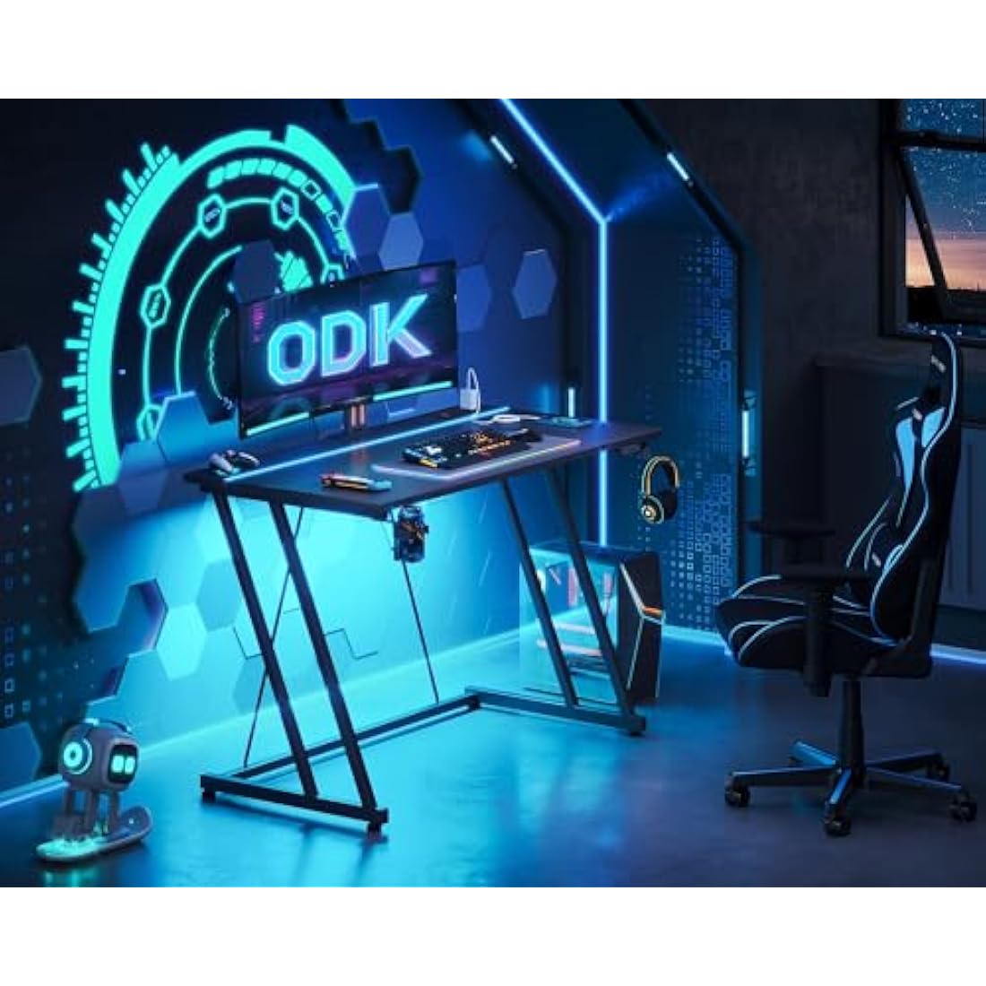 ODK Gaming Desk with LED Lights, Power Outlet & Cup Holder – 100cm