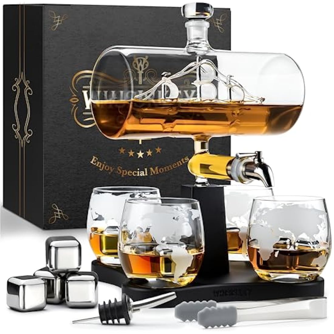Whisiskey Ship Whiskey Decanter Set - 1100ml Carafe with 4 Glasses
