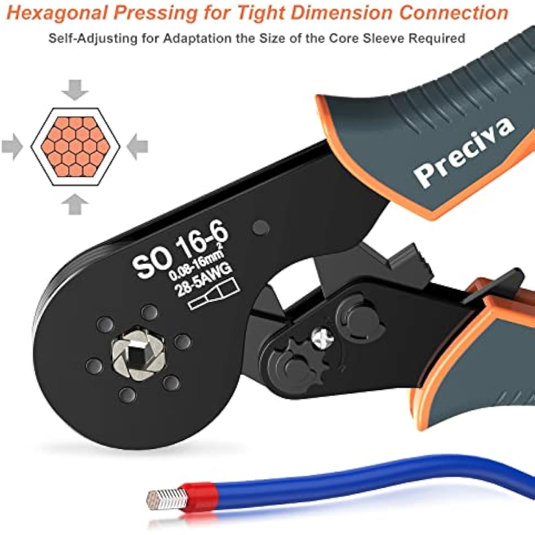 Preciva Hexagonal Ferrule Crimping Tool – 28-5 AWG Ratchet Pliers