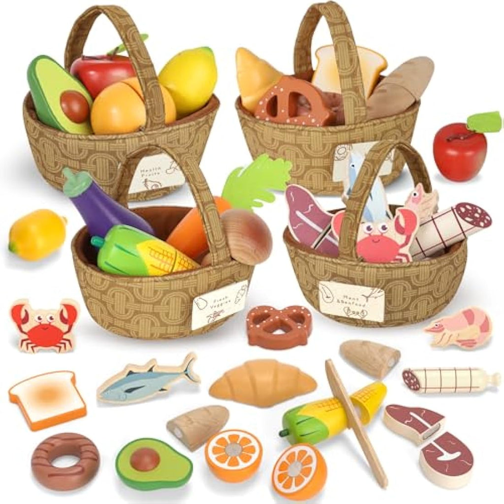 Lehoo Castle Wooden Play Food Set – 23pc Montessori Kitchen Toy with Baskets