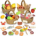 Lehoo Castle Wooden Play Food Set – 23pc Montessori Kitchen Toy with Baskets