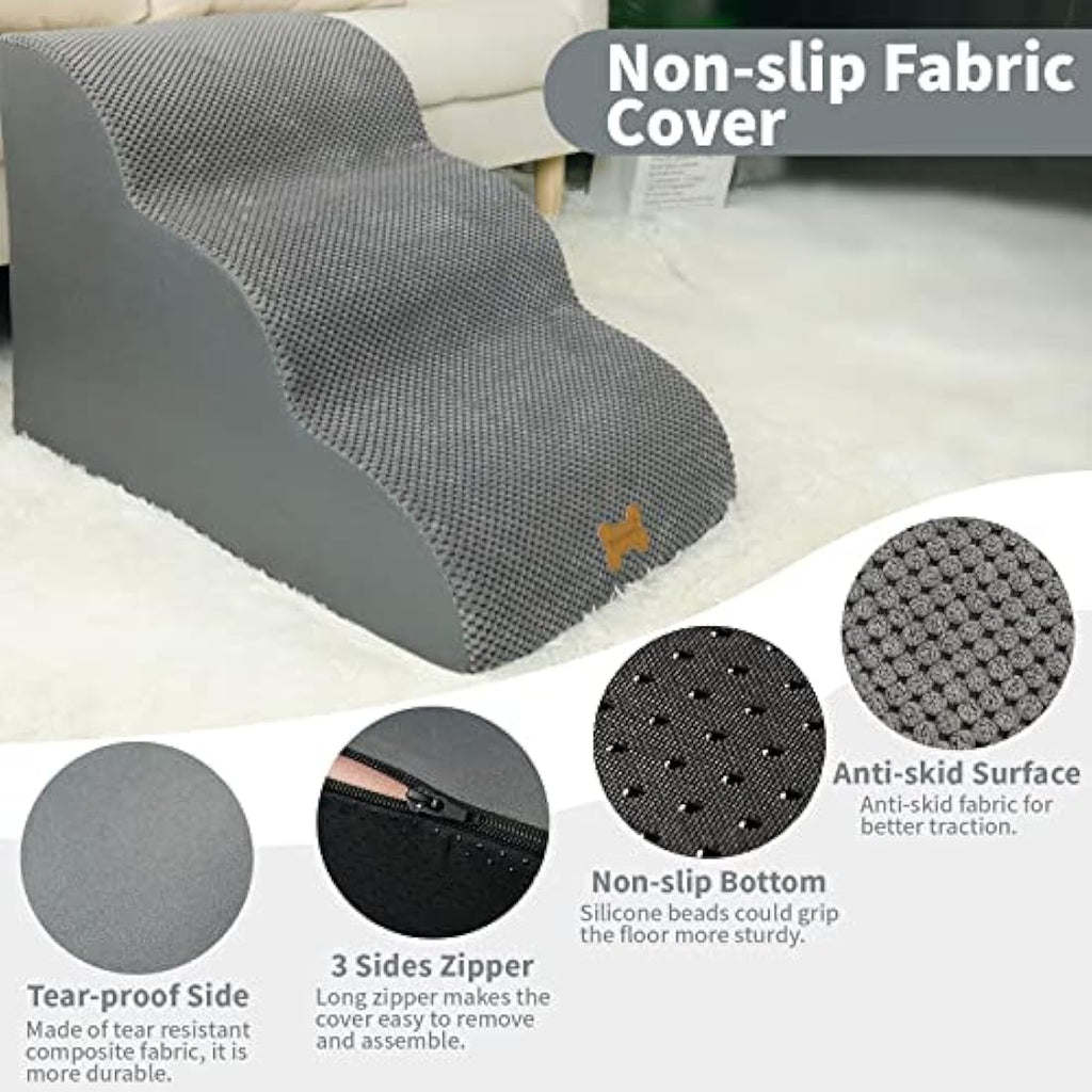 Nepfaivy 3-Step Foam Dog Stairs – Non-Slip Pet Ramp for High Beds