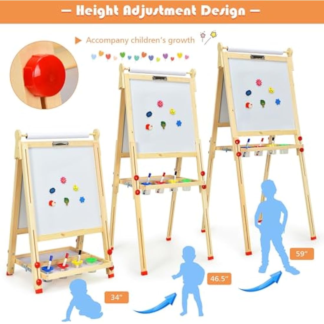 EAQ Kids Wooden Art Easel | Height Adjustable 3-in-1 Drawing Board