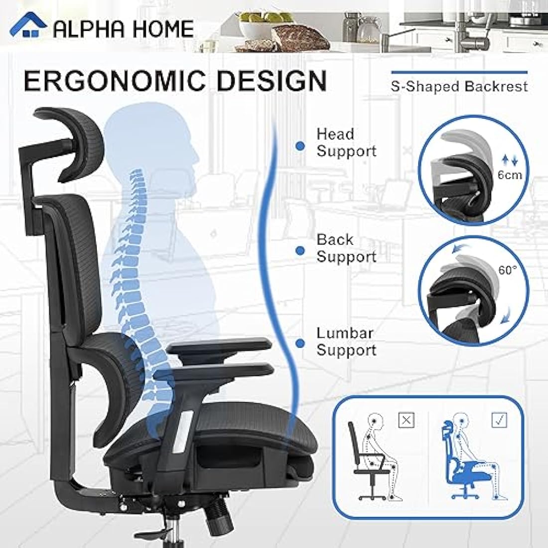 ALPHA HOME Ergonomic Office Chair with Footrest | Mesh High Back Desk Chair