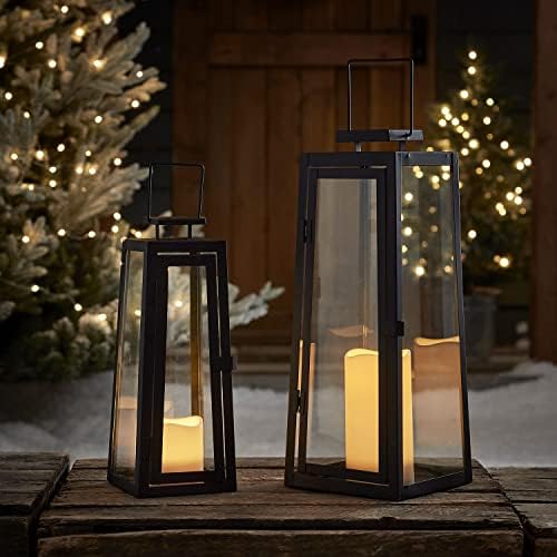 Lights4fun Set of 2 Solar Black Metal LED Candle Lanterns – IP44 Waterproof