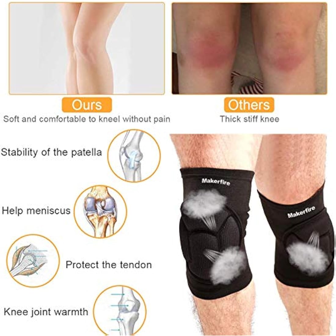 Makerfire Padded Knee Sleeves – Thick Sponge Anti-Slip Support (L)