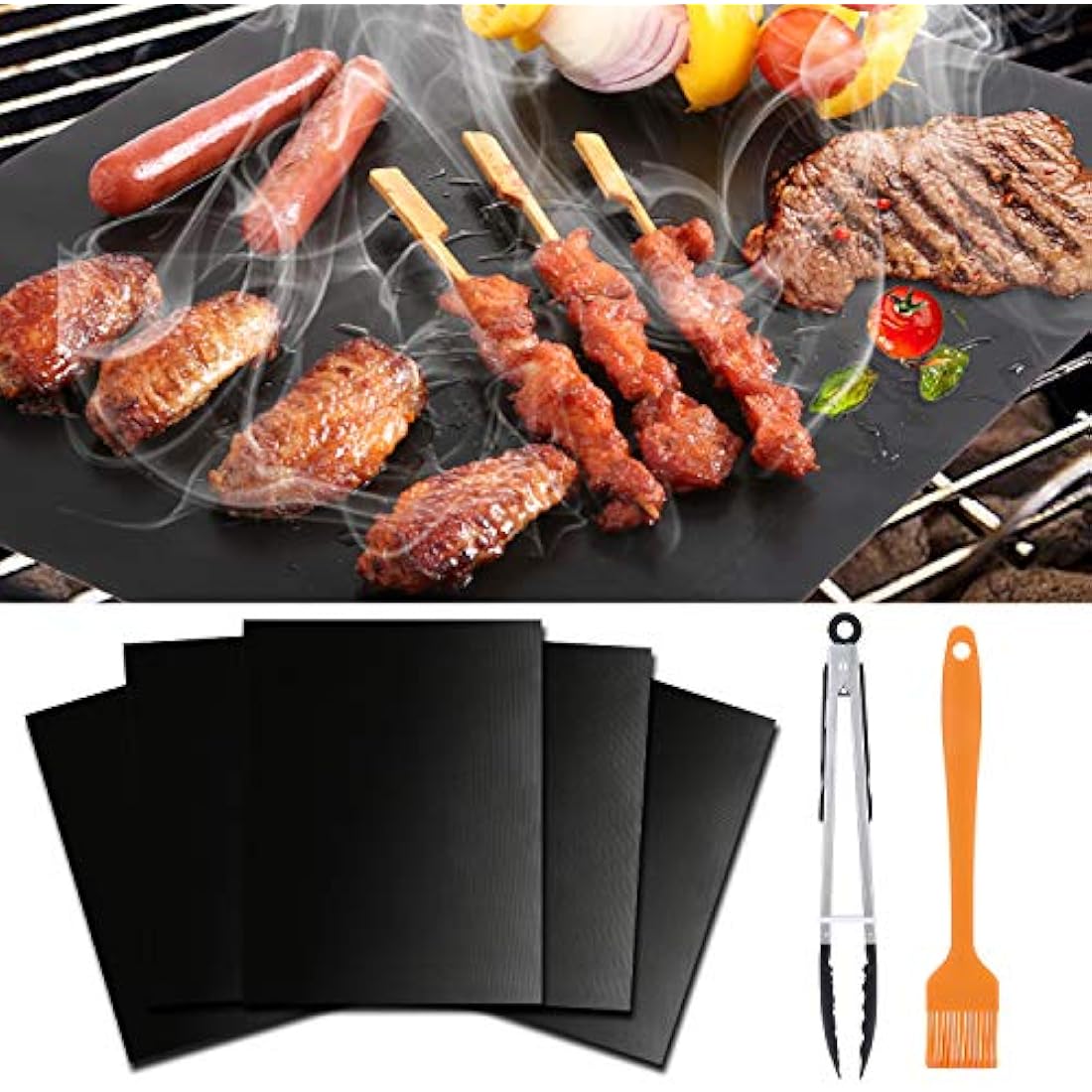 Wisdomwell Non-Stick BBQ Grill Mats - Set of 5 Heat Resistant Teflon Mats
