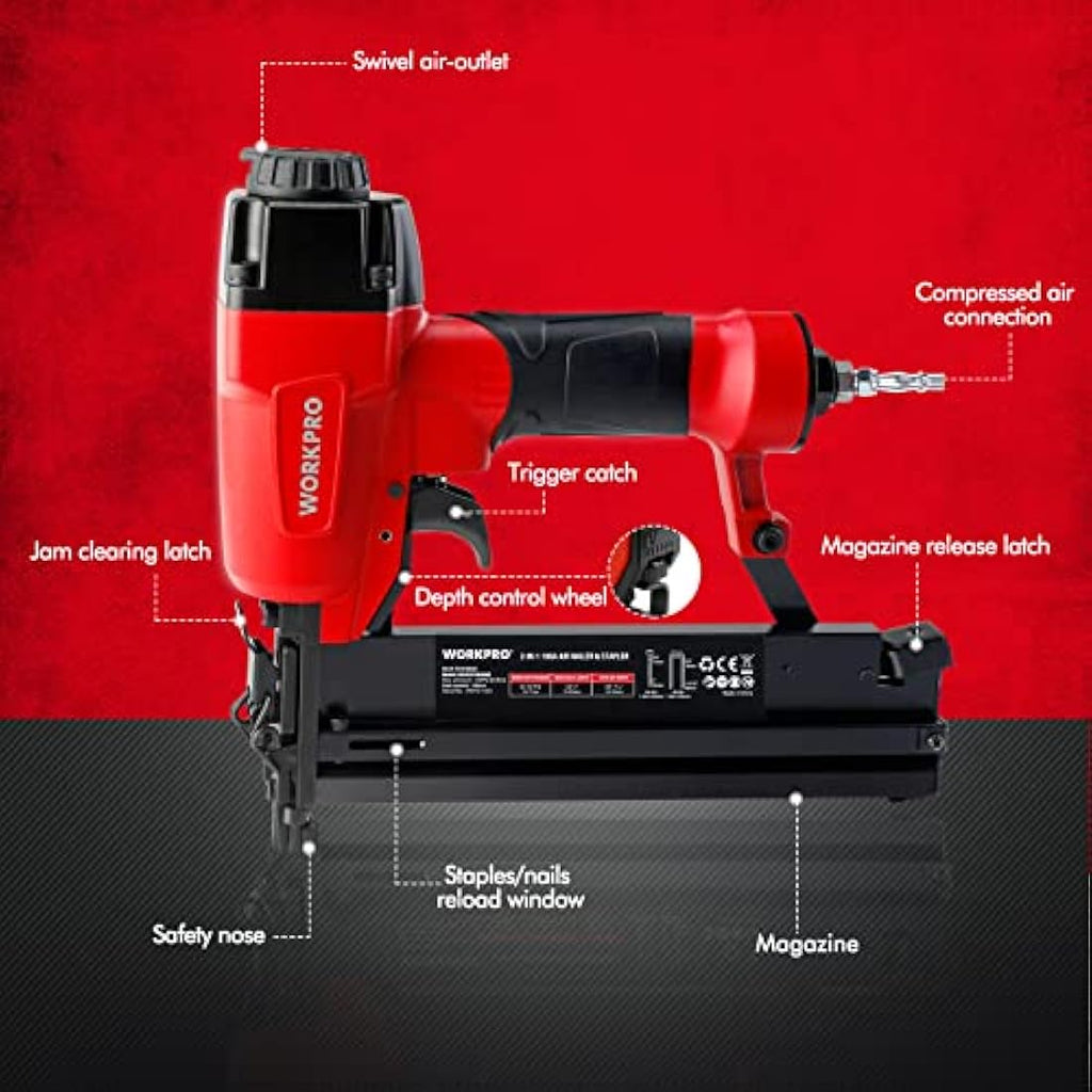 WORKPRO 2-in-1 Air Brad Nailer & Stapler | 18G Pneumatic Aluminum Gun