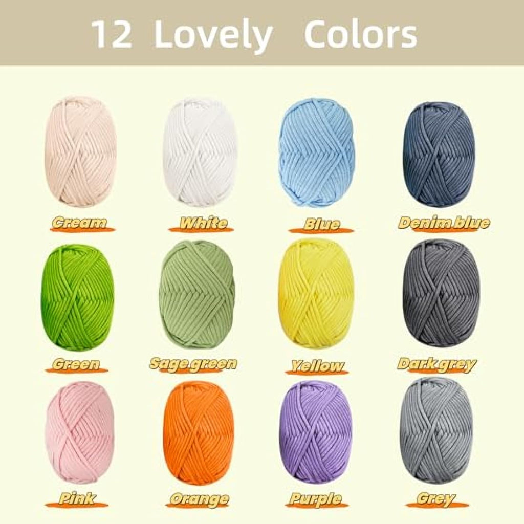 Jolof Store Chunky Cotton Yarn Kit – 12x50g Amigurumi Starter Set, Green