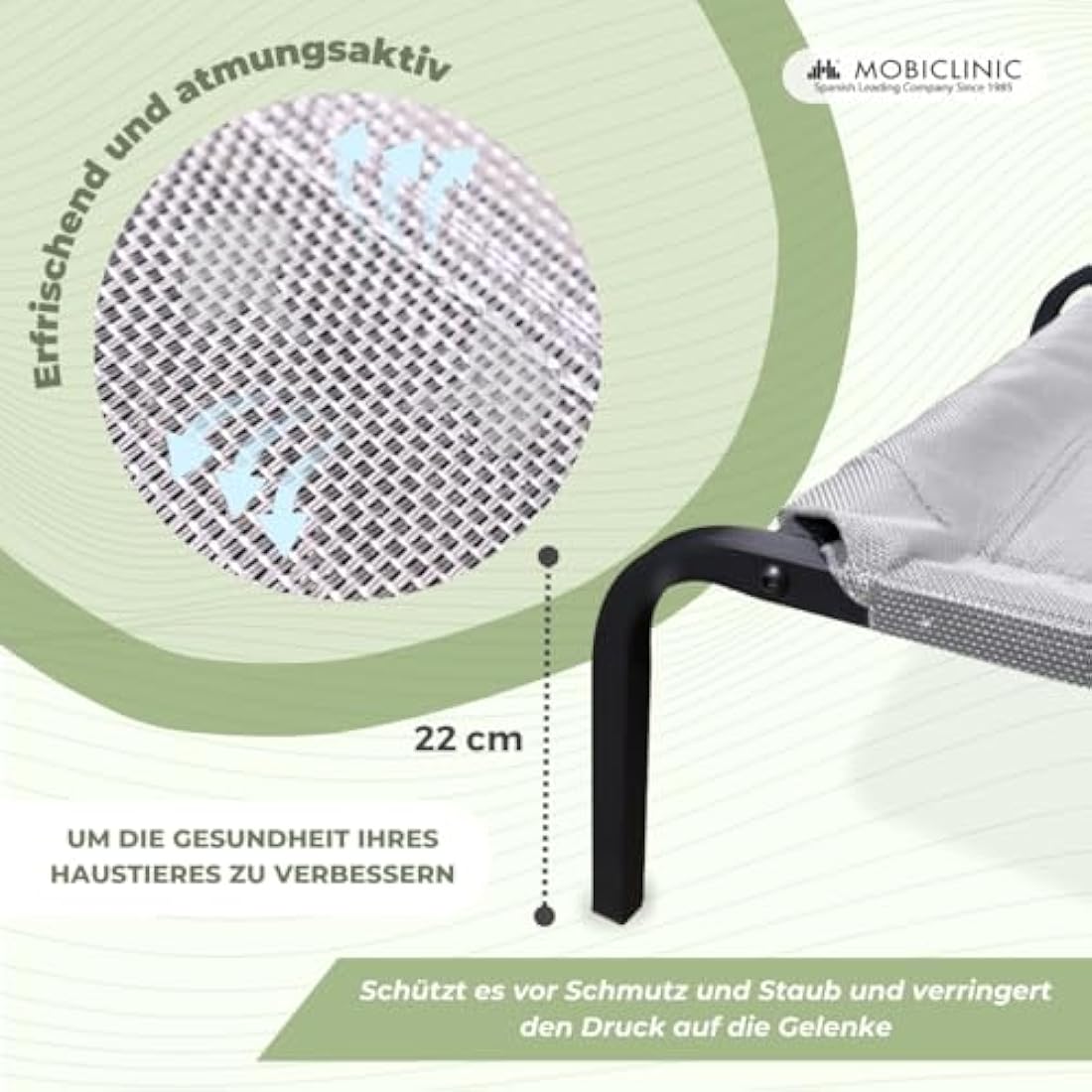 Mobiclinic Cleo Elevated Dog Bed | Cooling Outdoor Pet Cot, Grey