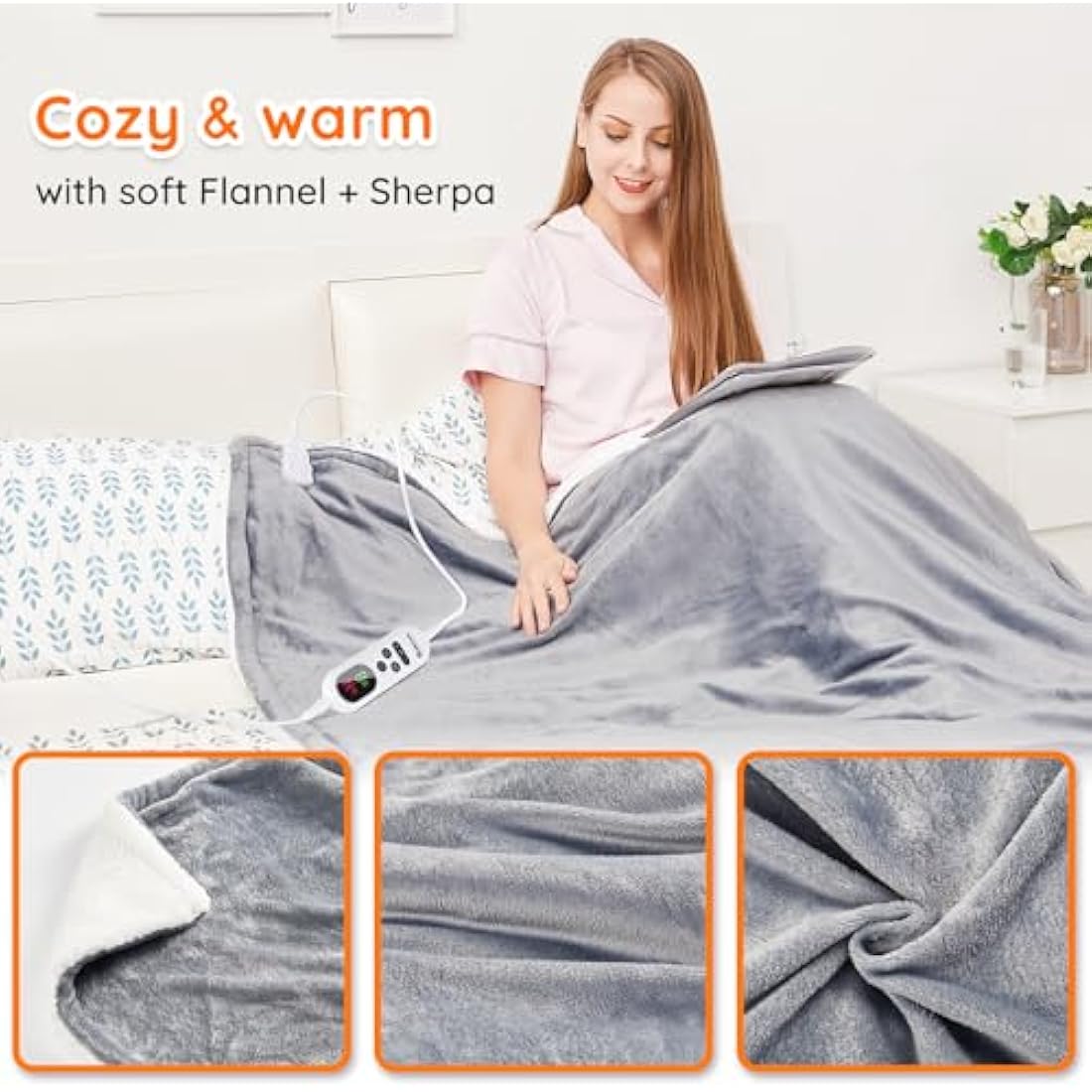 Mia&Coco Electric Heated Blanket – Flannel Sherpa Throw, 10 Heat Levels, Grey