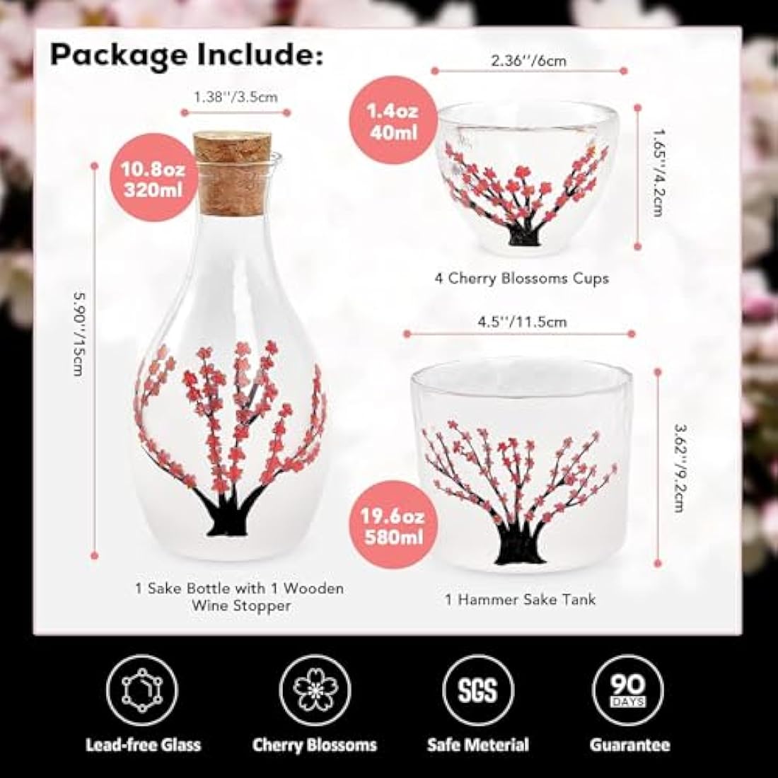 DUJUST Japanese Sake Set for 4 | Hand-Painted Pink Cherry Blossom Glass
