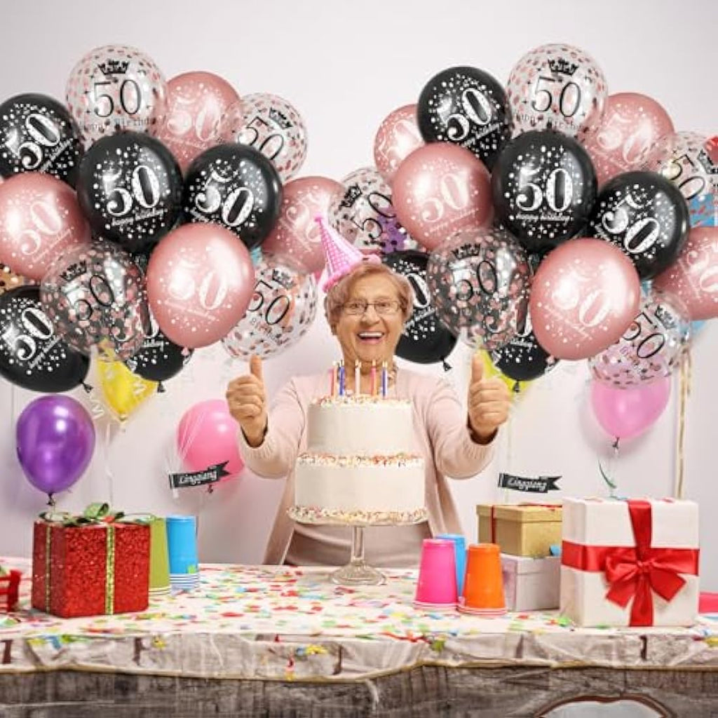 50th Birthday Balloons - 15pc Rose Gold & Black Party Decor