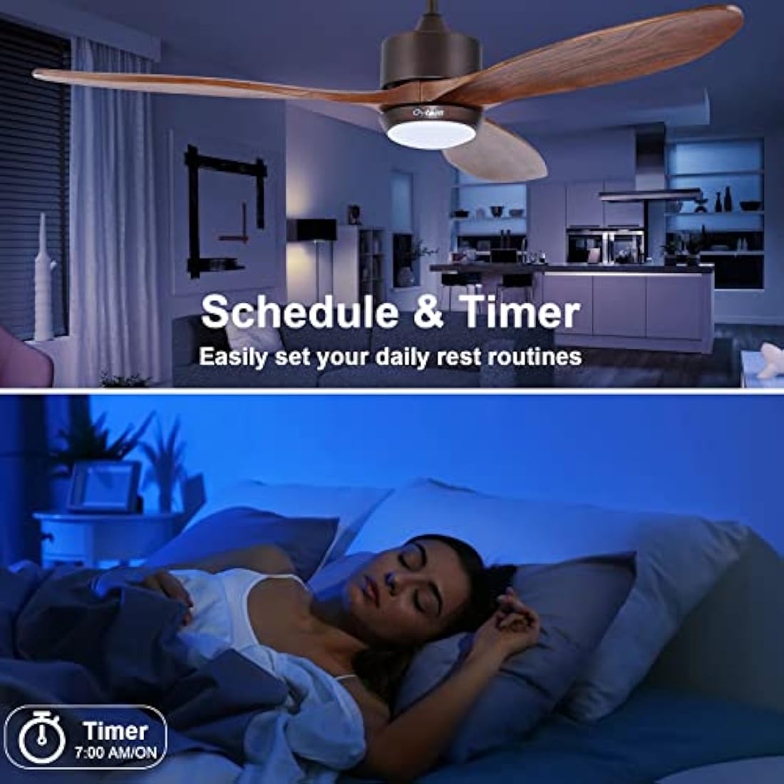Ovlaim 132cm Wood Ceiling Fan with Dimmable LED Light & Remote Control
