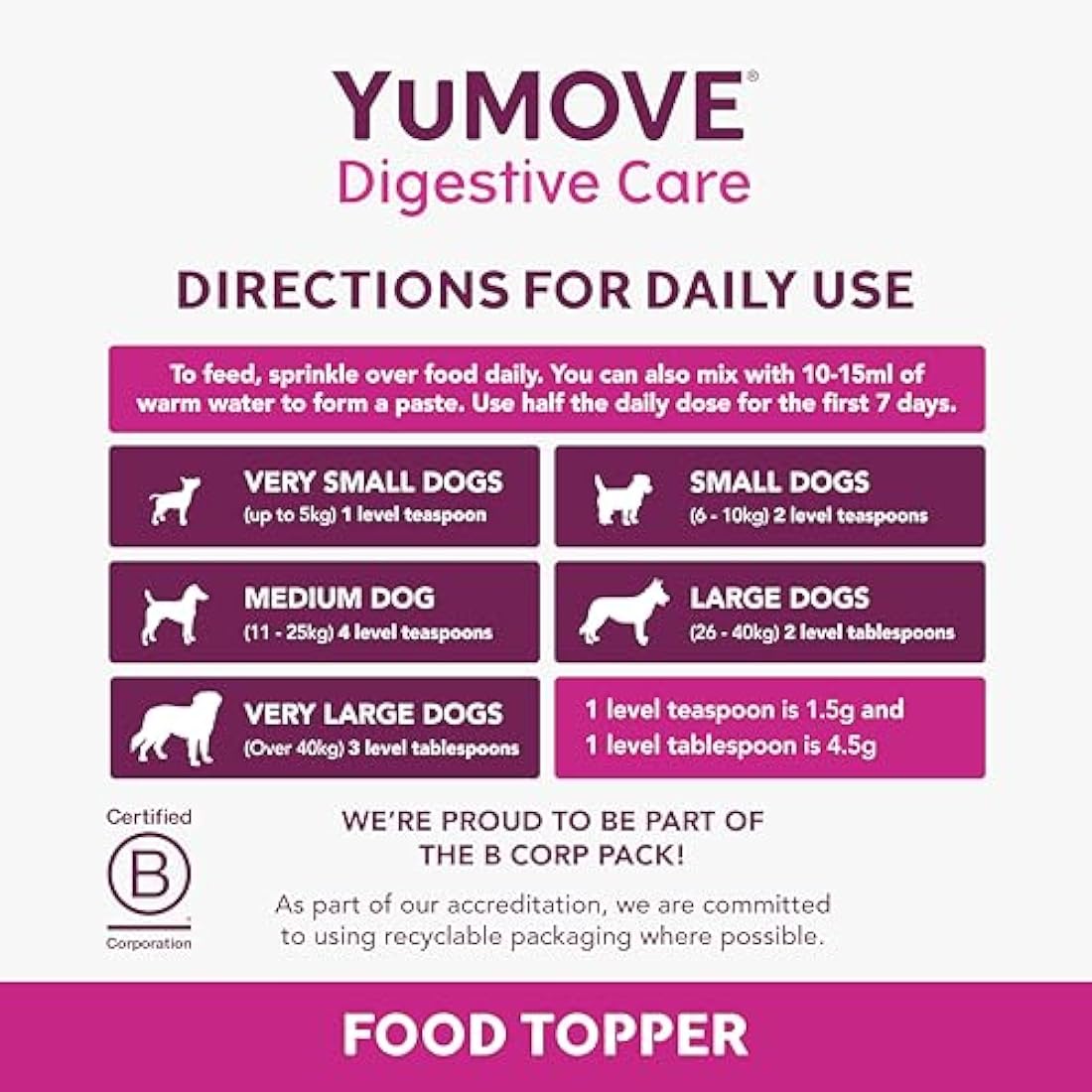YuMOVE Digestive Care & Fibre Dog Probiotic Supplement for Gut Health – 180g