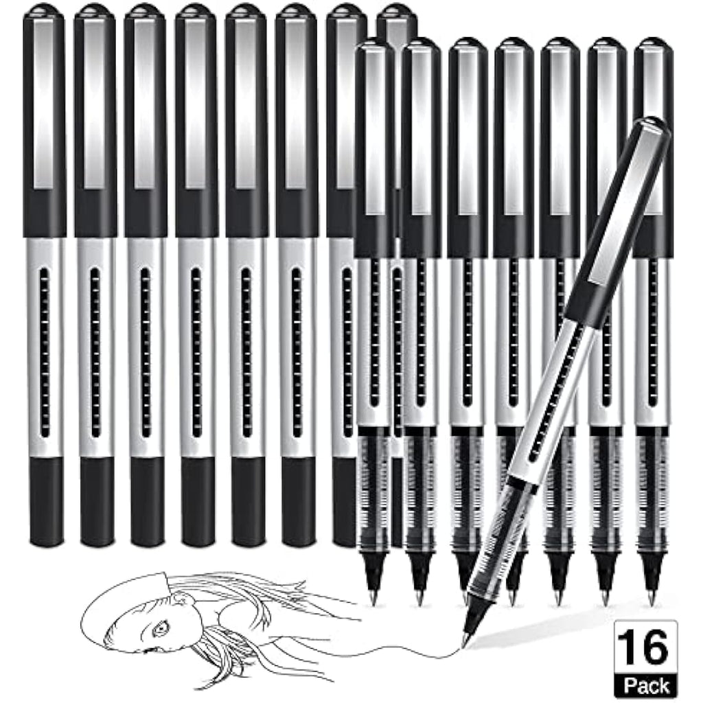 AKARUED 16 Pack Rollerball Pens – 0.5mm Black Quick-Drying Gel Pens