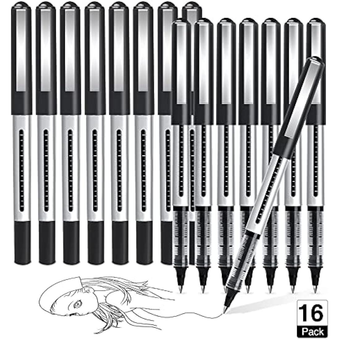 AKARUED 16 Pack Rollerball Pens – 0.5mm Black Quick-Drying Gel Pens