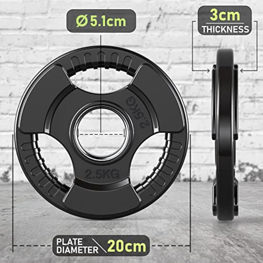 PhysKcal Olympic Weight Plates | Rubber Coated Cast Iron Tri-Grip Discs
