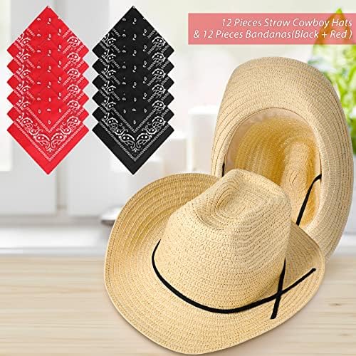 Jolof Store Straw Cowboy Hats and Bandanas Set - 12 Pack Beige Western Style