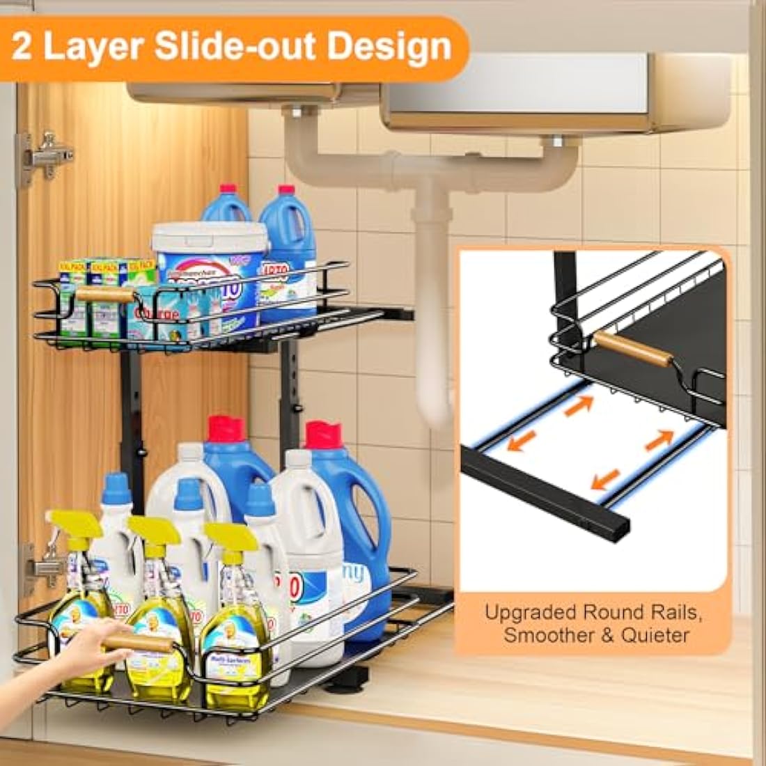 JYPS 2-Tier Under Sink Organiser – Adjustable Metal Sliding Storage Shelf