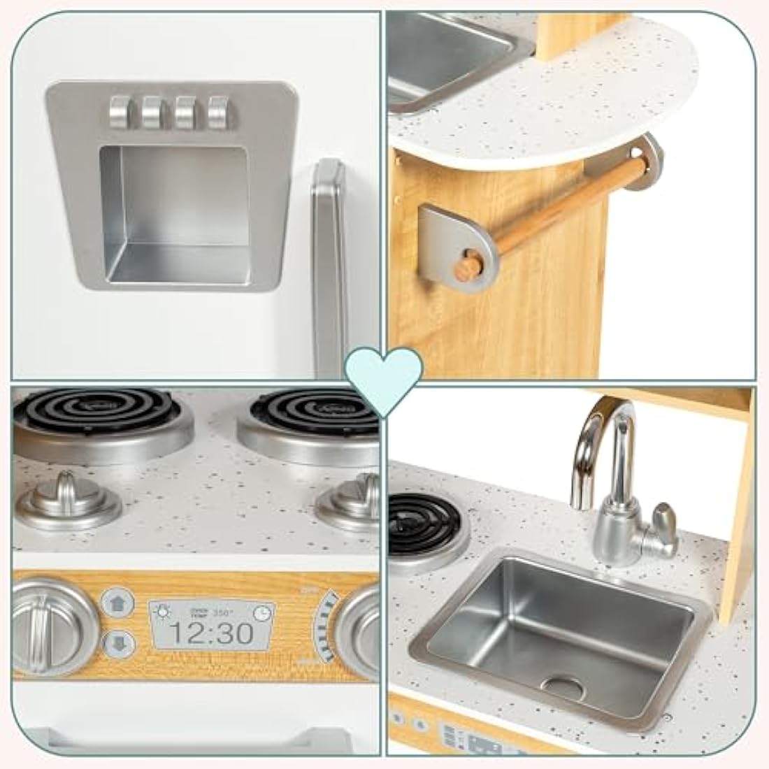 Wooden Play Kitchen for Kids with LED Lights – Natural Wood