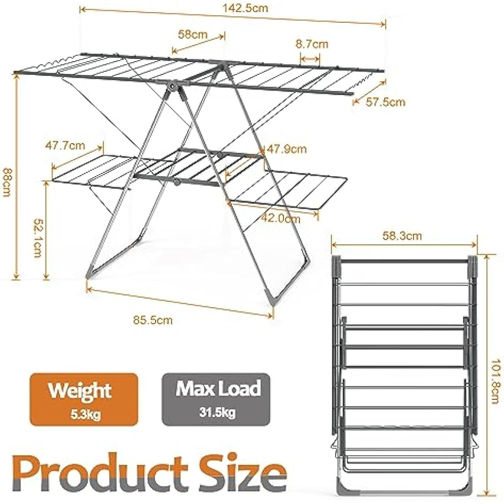 Innotic 2-Level Foldable Clothes Drying Rack | Stainless Steel Airer - Grey