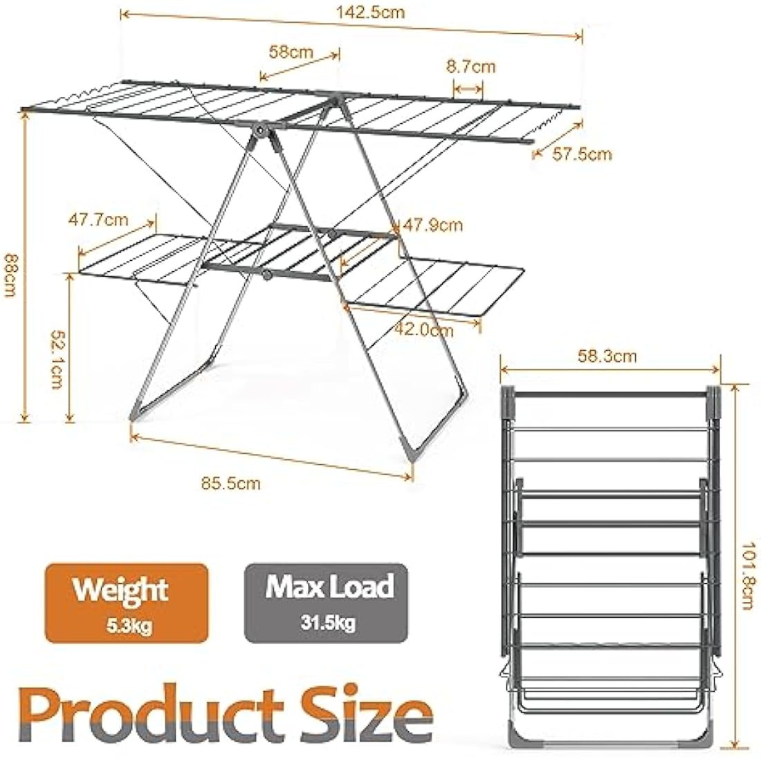 Innotic 2-Level Foldable Clothes Drying Rack | Stainless Steel Airer - Grey
